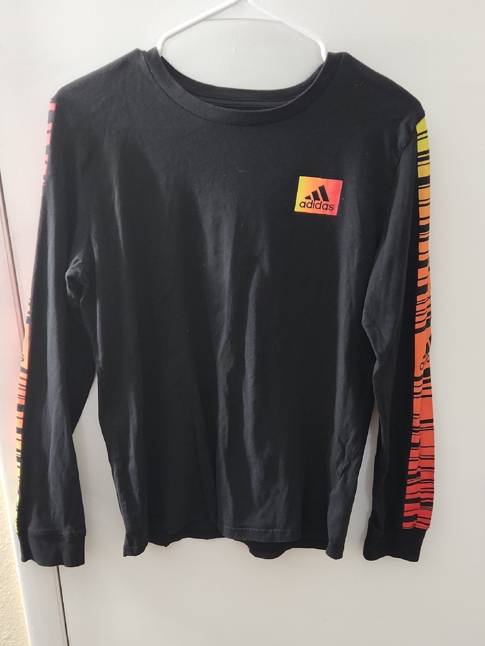 adidas Black Long Sleeve Tee with Orange-Yellow Gradient Sleeves